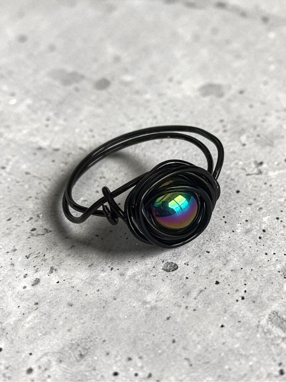 5 For $25💫Handcrafted Crazy Black Wire Ring with Iridescent Glass Bead Center